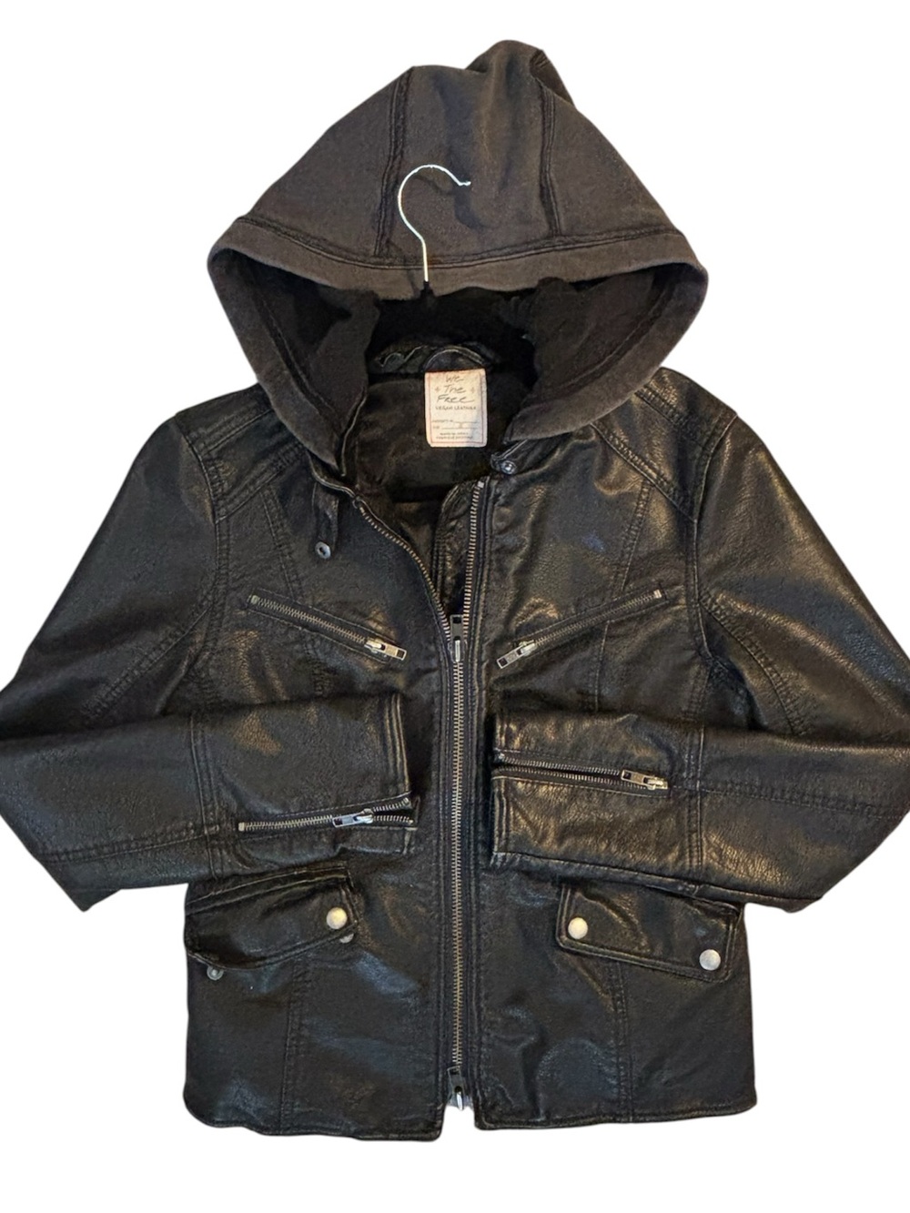 We The Free Black Hooded Vegan Leather Jacket with Zipper Pockets and Hood.